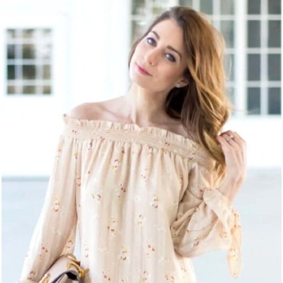 Wayf‎ Cream Off The Shoulder Long Sleeve Floral Print Flowy Tunic Dress  L - Picture 2 of 12
